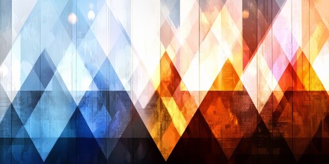 Fototapete - Colorful abstract design with blue, orange, and white triangles. The design is made up of many different shapes and colors, creating a dynamic and eye-catching composition