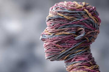Poster - Abstract human head sculpture crafted with intertwining colorful wires, creating a unique and visually striking three-dimensional representation on neutral background.
