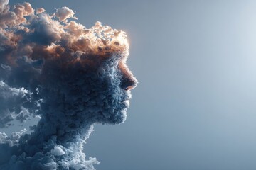 Poster - cloud person with a human face, digital art depicting a cloudscape in the shape of a head in profile