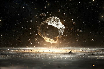 Poster - An asteroid hovers in space surrounded by smaller rocks and twinkling stars. Use it as a desktop background or art piece for a science fiction project.