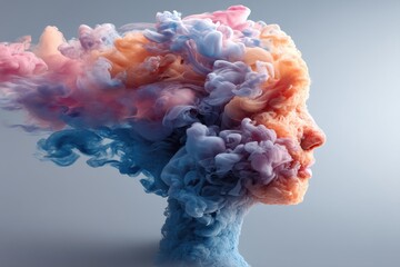 Poster - abstract portrait of a human face formed by colorful smoke and flowing clouds, blending and swirling