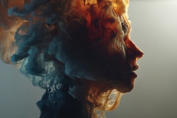 Poster - abstract portrait of a woman's face, rendered with swirling smoke and colors, creating an ethereal a