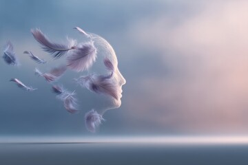 Poster - A serene dreamlike image of a female face formed from delicate white feathers, set against a soft pastel gradient background, evoking peace and tranquility and gentle grace.