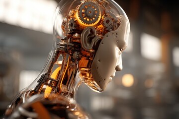 Poster - a detailed close-up of a humanoid robot's head with visible gears and mechanisms, revealing the intr