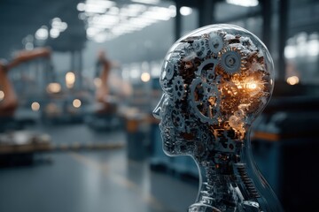 Poster - a futuristic robot head with gears inside, symbolizing artificial intelligence, innovation, and the 