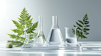 Poster - This image is a minimalist composition featuring laboratory glassware filled with clear liquid. It could be used for science product marketing or a refreshing beauty ad.