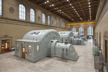 Poster - Interior view of an industrial building showcasing large-scale generators, highlighting architectural details and engineering marvels within the power station setting.
