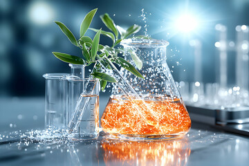 Poster - A vibrant lab scene showcasing botanical elements intertwined with chemical glassware. The image would be ideal for scientific research medical publications or educational resources.