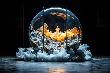 Poster - A surreal globe scene. Inside a glass sphere fiery landscapes and clouds are present. It can be used for fantasy book covers or sci-fi art.