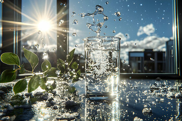 Poster - A stunning image of water droplets splashing from a glass. Sunlight illuminates the scene giving it a refreshing and vibrant feel. Ideal for advertisements about hydration.