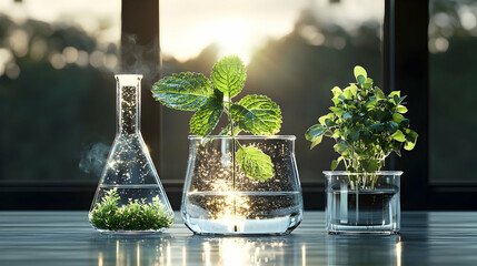 Poster - A captivating image showcasing plants in glass containers. Perfect for science related projects. It's ideal for research and educational content with a focus on plants.