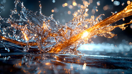 Poster - A dynamic artwork capturing a water splash with an emanating golden light. Perfect for abstract design websites or desktop backgrounds.