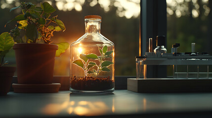 Poster - A botanical laboratory scene features plants in pots and a terrarium catching the sunlight. Ideal for nature-themed science projects or educational visuals.