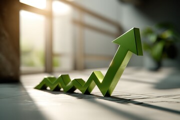Poster - A vibrant green arrow trends upwards, symbolizing progress and growth in a modern office setting, bathed in natural light and suggesting positive momentum.