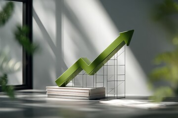 Poster - A minimalistic composition featuring a green upward arrow symbolizing growth and progress, resting on a stack of documents, conveying a message of business success and financial improvement.