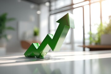 Poster - An optimistic view of green upward arrow indicating growth and success in business, finance, and investment, placed against a modern office backdrop, bathed in soft light.