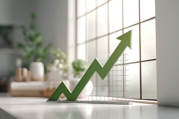 Aufkleber - A sleek green arrow pointing upwards, symbolizing financial growth and progress, set against a bright, modern interior backdrop with natural light streaming in.