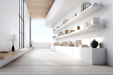 Poster - A bright, minimalist room with white walls, light wood floors, and stylish shelving filled with books and decorative items, creating a serene and modern aesthetic.