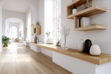 Poster - Bright hallway interior with wood floors, window, decorations, creating a serene and stylish atmosphere, with archways leading to other rooms, showcasing modern design.