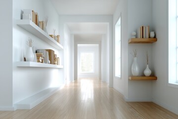 Poster - A bright and airy hallway with floating shelves, books, vases, and wood flooring, creating a modern and minimalist interior design with plenty of natural light streaming in.
