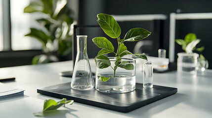 Poster - A still life showcases laboratory glassware and a plant in water suggesting environmental research or sustainable solutions. Good for science or green technology visuals.