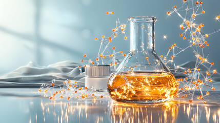 Poster - A beaker filled with orange liquid surrounded by glowing molecules. Suggesting scientific research or pharmaceutical development. Ideal for science blogs or medical presentations.