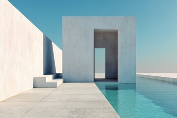 Poster - Minimalist architecture with geometric shapes and serene pool, under a clear blue sky, creating a modern and tranquil scene with clean lines and cool color tones.