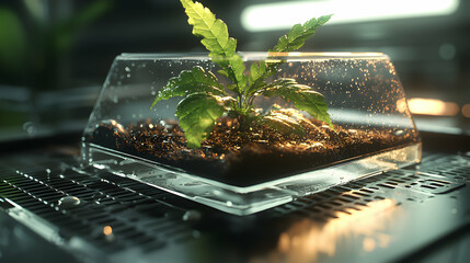Poster - A small plant thrives in a clear terrarium. Ideal for home decor or scientific experiments.  Showcases nature's resilience in a controlled environment.