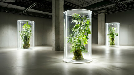 Poster - Plants enclosed in illuminated glass cylinders create a futuristic art installation. Suggests preserving nature or a bio-dome concept offering a unique aesthetic.