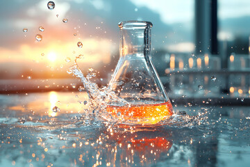 Fototapete - A dynamic image of an Erlenmeyer flask with orange liquid and splashing water. It could be used for chemistry websites or educational materials. Showcasing science concepts visually.