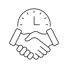 Poster - Handshake With Clock Line Icon. Time Management, Deadline Agreement, And Business Partnership Outline Symbol. Efficient Collaboration And Scheduling. Editable Stroke. Isolated Vector Illustration