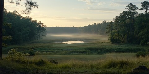 Aufkleber - Forest with a lake in the middle. The lake is surrounded by trees and the sky is cloudy