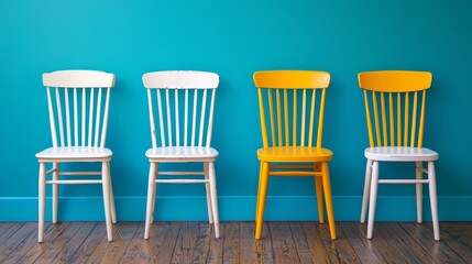 Poster - Four chairs are lined up against a blue wall. The chairs are white and yellow. The chairs are arranged in a row, with the yellow chair in the middle and the white chairs on either side