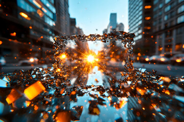 Poster - A mesmerizing urban scene explodes. The bright central focus shatters into fragments creating a stunning visual effect. Perfect for album art or dynamic graphic design projects.