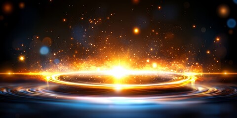 Poster - Glowing circle of light is surrounded by a dark background. The light is bright and warm, creating a sense of energy and excitement. The dark background emphasizes the light