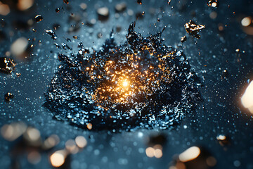 Poster - Abstract artistic depiction of a splash or explosion featuring bright light and dark reflective fragments. Suitable for concept art or digital design backgrounds.