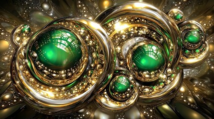 Poster - Gold and green design of spheres. The spheres are of different sizes and are arranged in a way that creates a sense of depth and movement. Scene is one of elegance and sophistication
