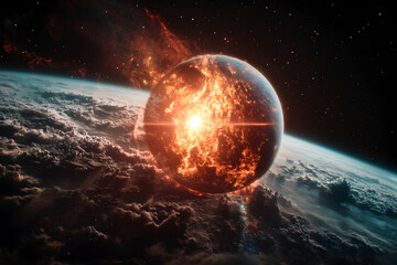 Poster - An epic celestial scene depicts a fiery planet amidst a cosmic event possibly a supernova or collision. Suitable for sci-fi art or space-themed projects.
