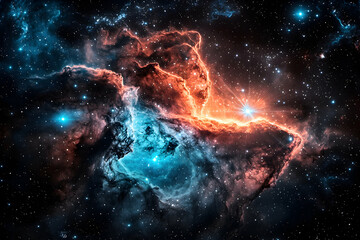Poster - A vibrant nebula in deep space. Colors explode with blue orange and red creating an interstellar scene. Use for desktop backgrounds or space-themed presentations.