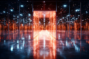 Poster - An immersive futuristic interior with orange and blue lighting reflections. Great for digital art or sci-fi concepts. Can be used for virtual environments or game backgrounds.