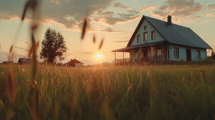 Aufkleber - House with a porch sits in a field of tall grass. The sun is setting, casting a warm glow over the scene