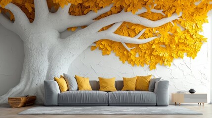 Poster - Large tree mural is painted on the wall above a couch and a coffee table. The tree is surrounded by yellow leaves, and the couch is covered in yellow pillows. The room has a warm