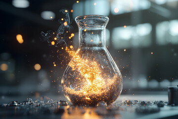 Fototapete - A glowing substance inside a glass flask. Suggests scientific experimentation energy or magic. Good for science fiction or abstract art concepts.