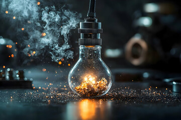 Poster - An illuminated lightbulb filled with glowing components. Suggesting innovation and the birth of ideas. Ideal for technology or creative concept designs.