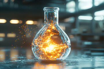 Leinwandbilder - A glowing substance contained inside a flask. Suggesting the power of discovery innovation or future technologies for various creative projects.