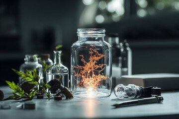 Poster - A scientific still life shows glass vessels. A central jar holds copper wire. Leaves and equipment surround the composition. Apply for lab concepts or art.