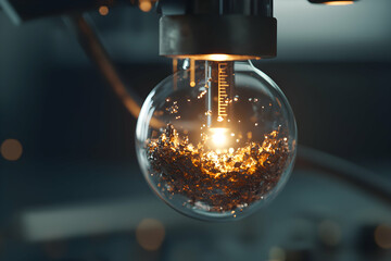 Poster - Close-up of a glass orb containing glowing material. The light source illuminates the inside details creating a captivating scientific aesthetic. Suitable for lab decor.