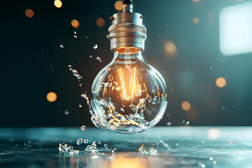 Poster - a light bulb is suspended mid-air with water splashing around it. the glowing light is striking. use