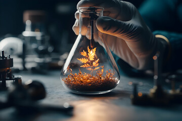 Poster - a glowing plant within a flask held by a gloved hand. symbolizes scientific discovery and synthetic 