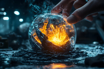 Poster - a glowing orb held by a hand contains an energetic city surrounded by dark desolate ground. use it f